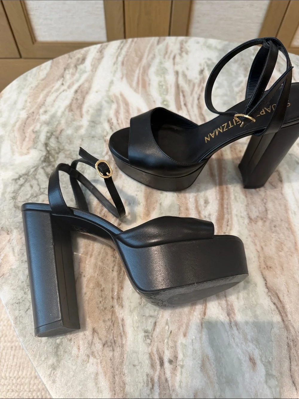 Stuart Weitzman Black Leather Platform Block-Heel Sandals